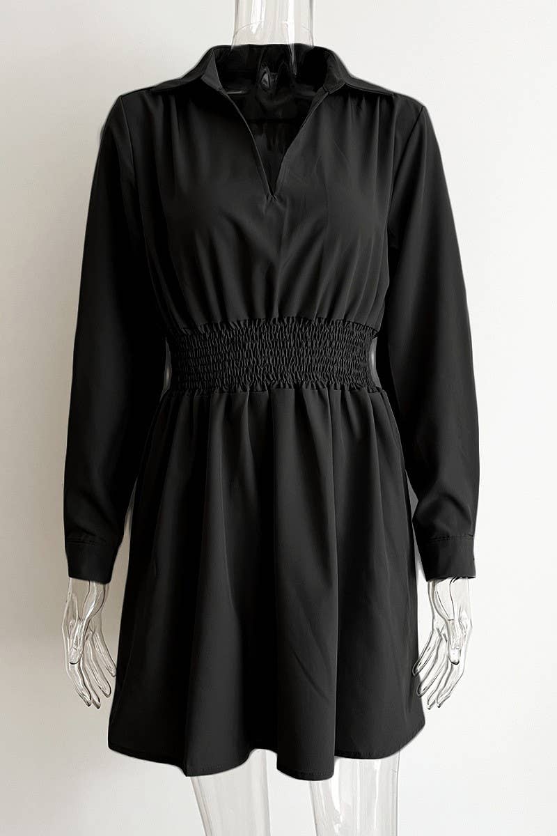 CWDSD5964_CABLE WAIST LONG SLEEVE SHIRT COLLAR DRESS