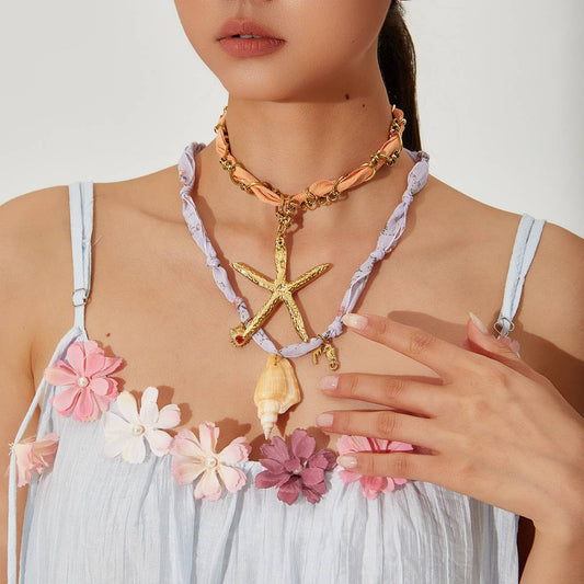 Ocean Style Silk Scarf Necklace with Star & Shell_CWMM8809