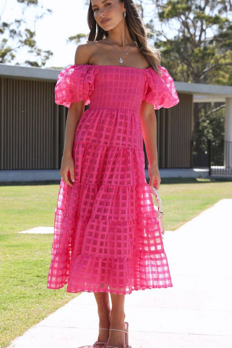 CWDMD5648_OFF SHOULDER LANTERN SLEEVE TIERED RUFFLE DRESS