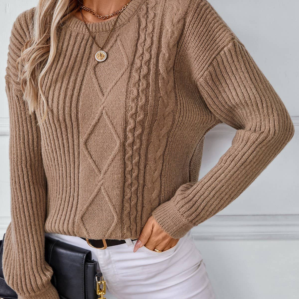Solid color knotted pullover sweater for women
