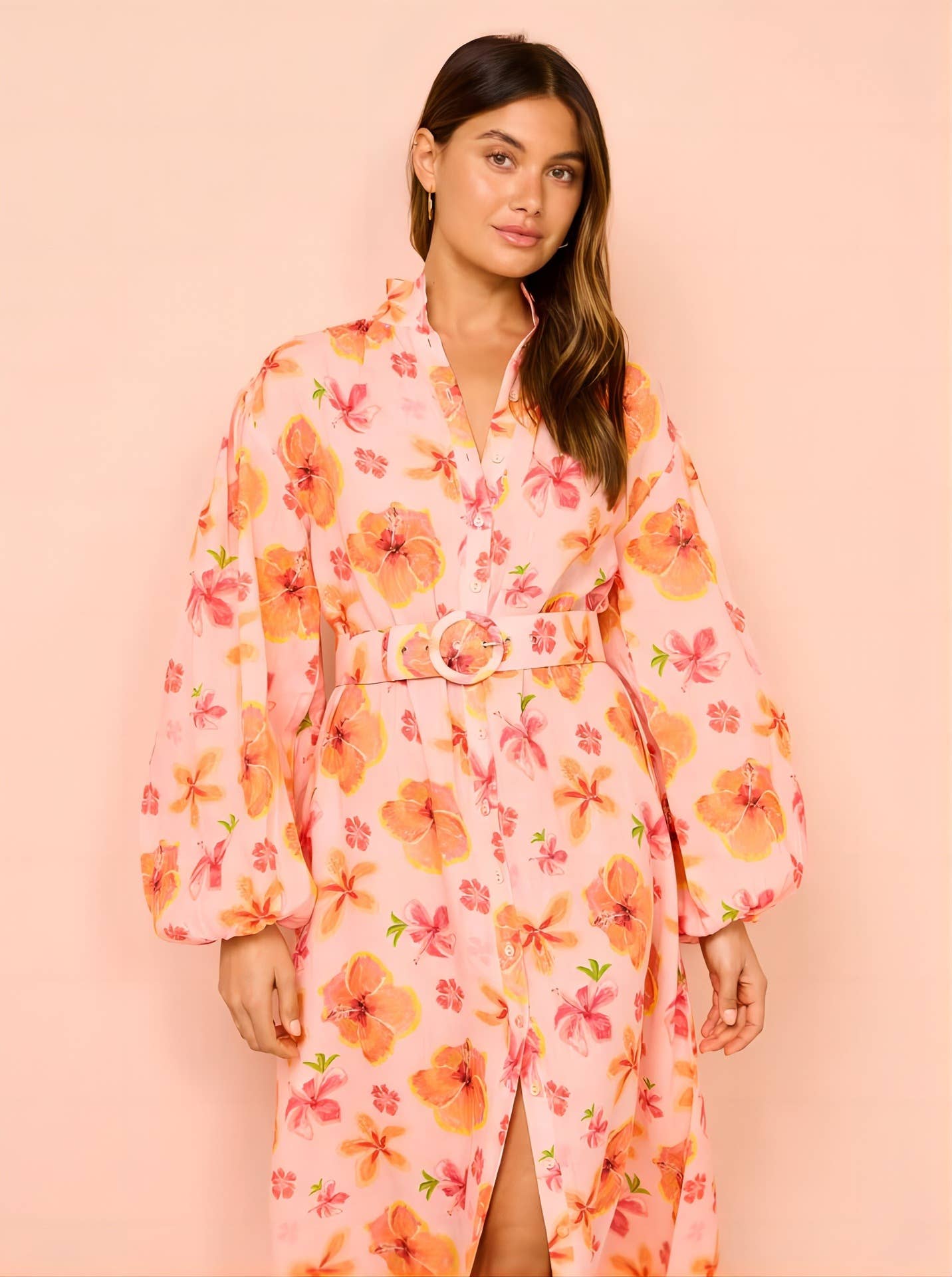 STAND COLLAR LANTERN SLEEVE SLIT LONG DRESS