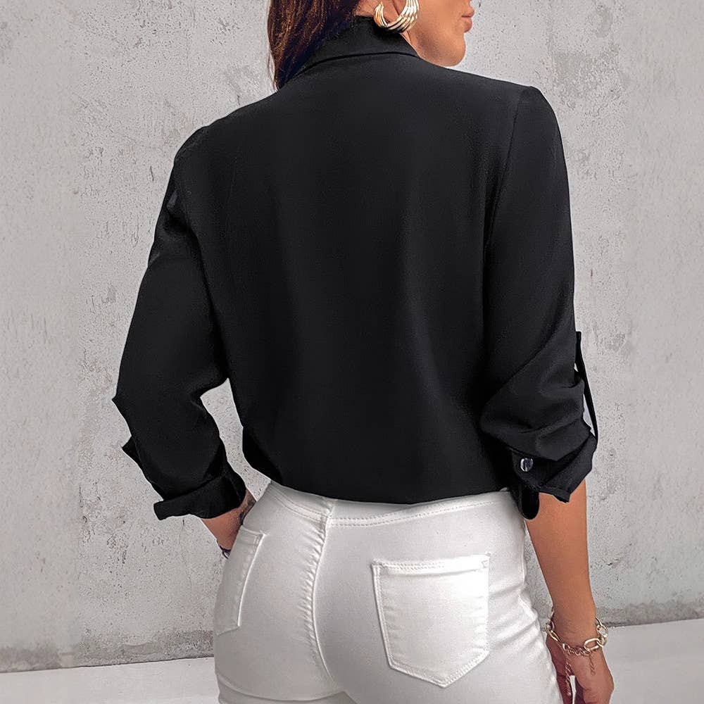 SOLID COLOR BEADED PATCHWORK LAPEL SHIRT