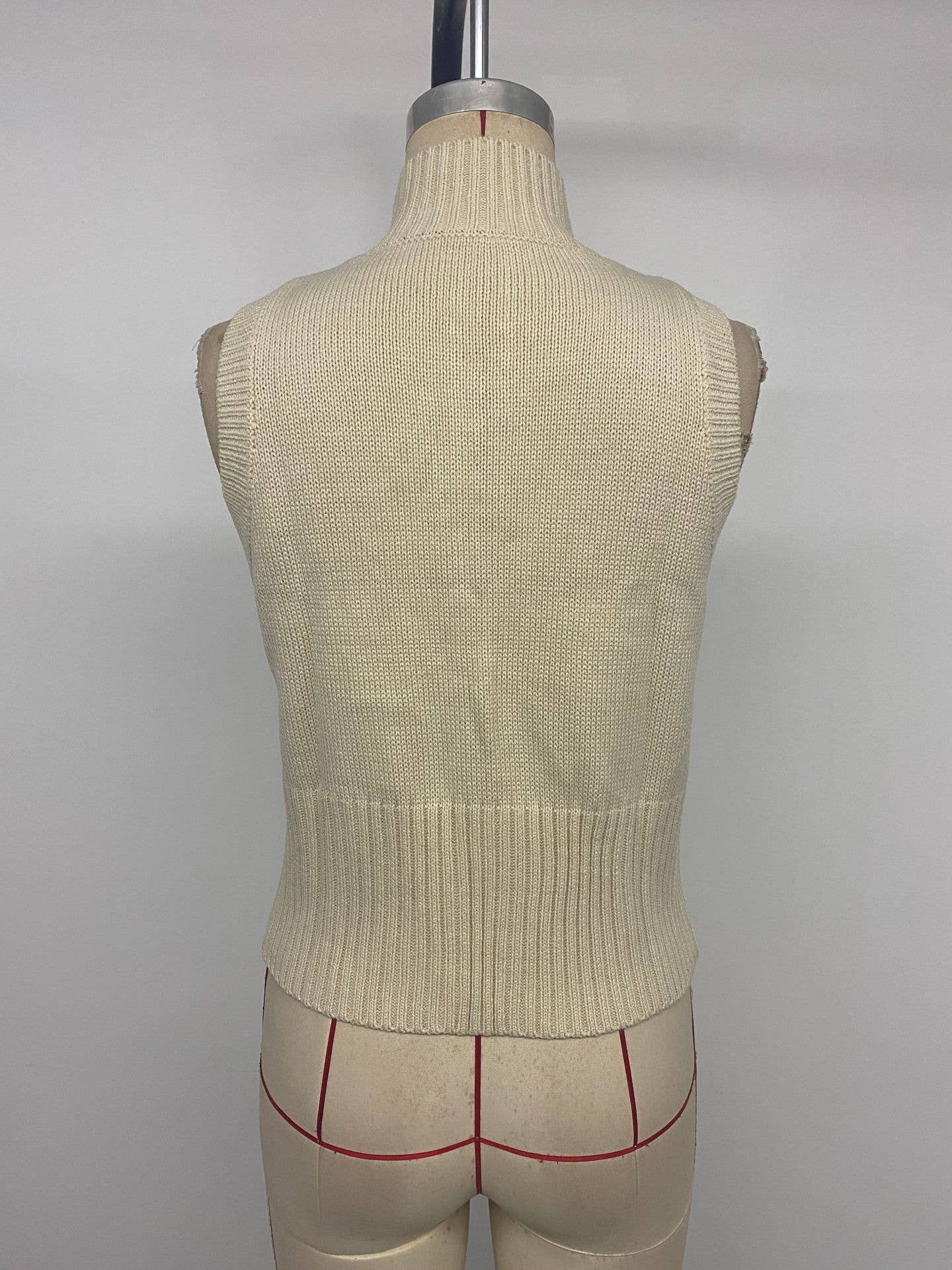 Zipper high-neck solid-color sleeveless vest