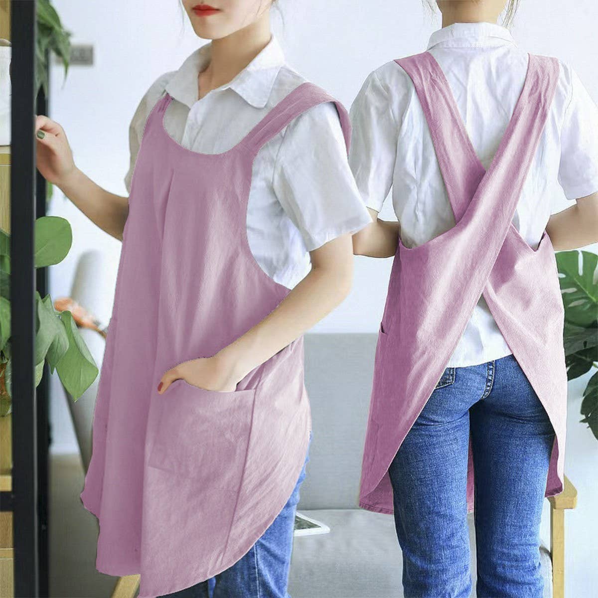 CWAB3993_COTTON AND LINEN SOLID COLOR TIE-FREE WORK APRON