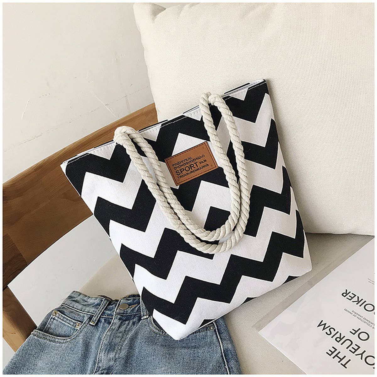 WAVE STRIPE CONTRAST COLOR SINGLE SHOULDER TOTE BAG_CWAB1709