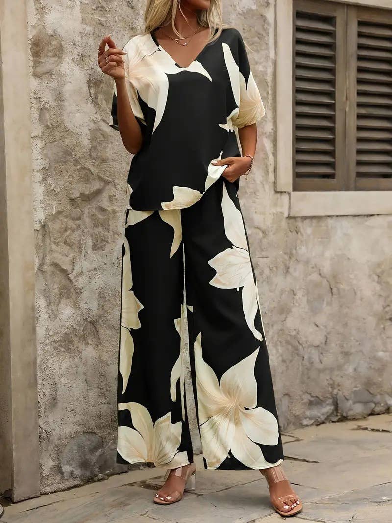 Printed fashion casual Top and long pants set