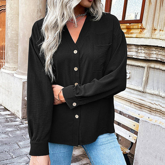 SOLID COLOR LAPEL POCKET CASUAL COMMUTER SHIRT