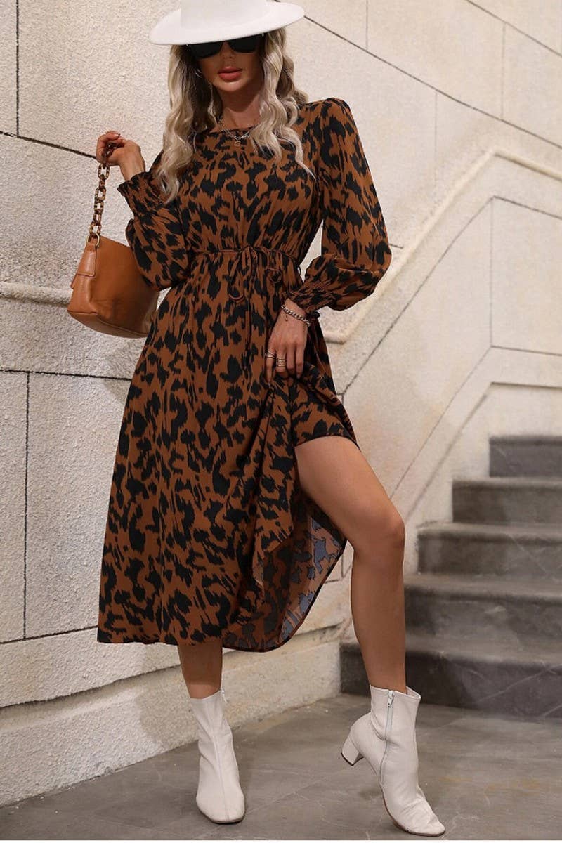 CWDSD6570_LEOPARD PRINT TIE LONG SLEEVE SWING DRESS