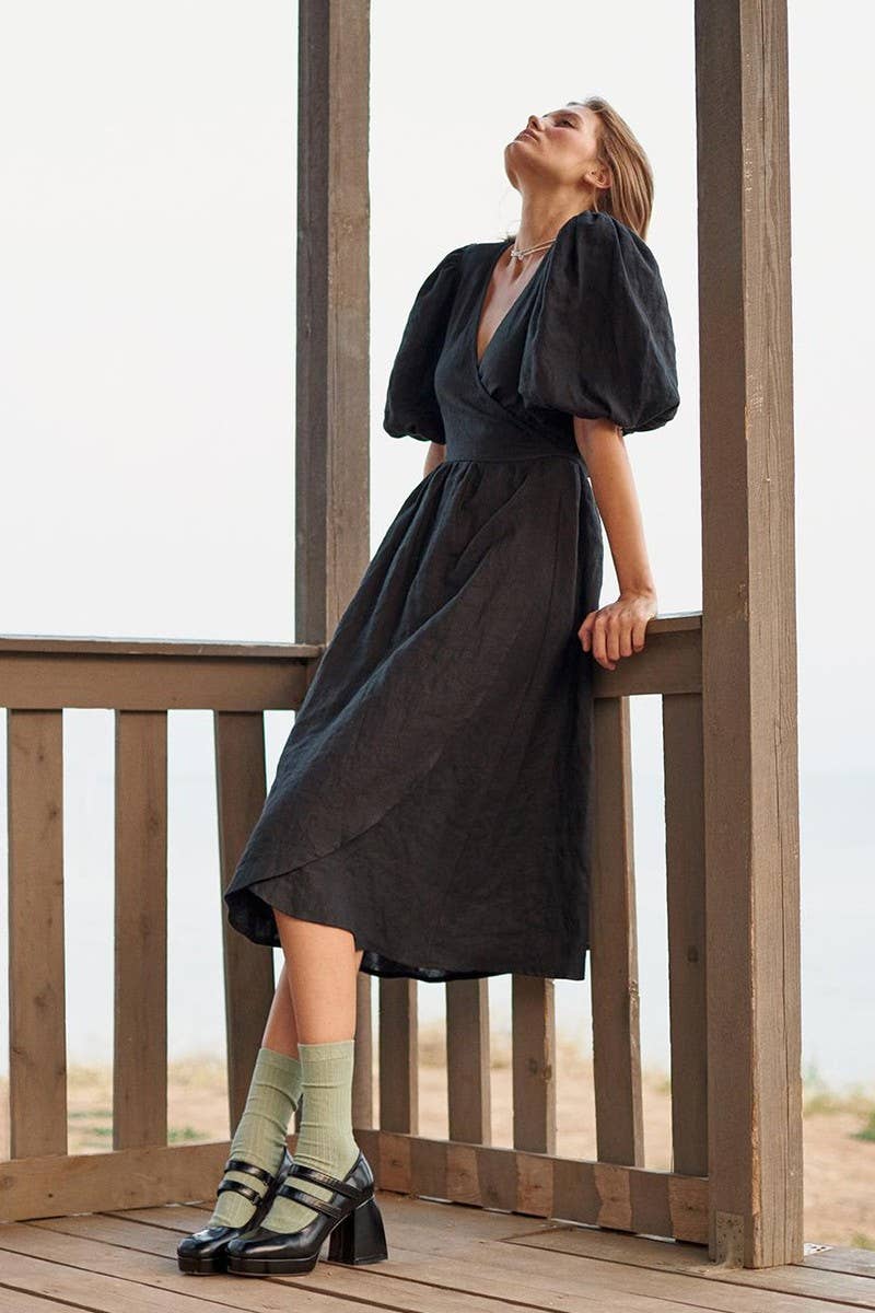 CWDMD5246_COTTON TIE-BACK PUFF SLEEVE MAXI DRESS