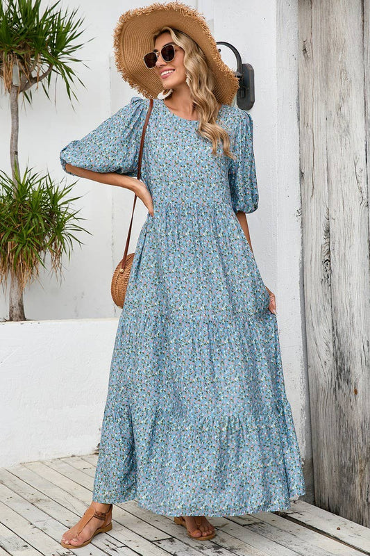 CWDMD4105_LOOSE ROUND NECK RETRO CASUAL FLORAL ROBE DRESS