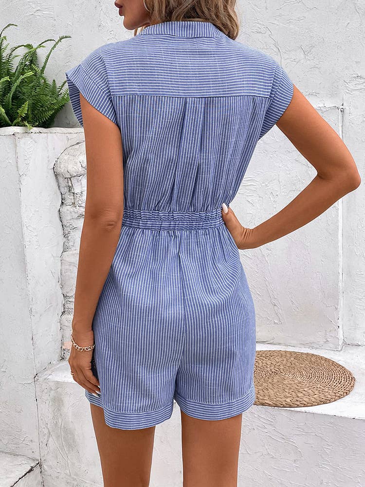 PINSTRIPE LACE-UP SHORT-SLEEVED JUMPSUIT
