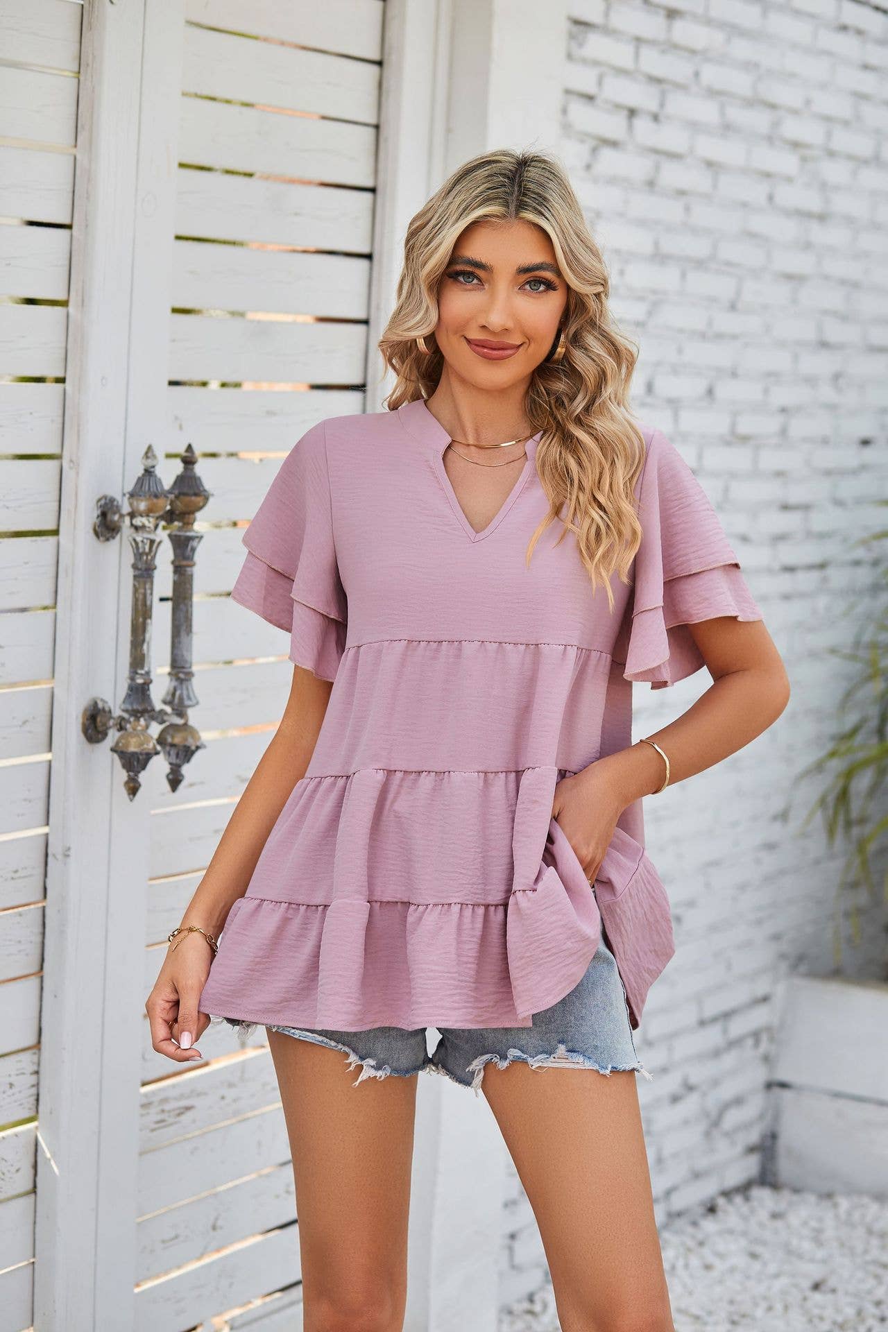 V-neck double-sleeved solid color loose shirt