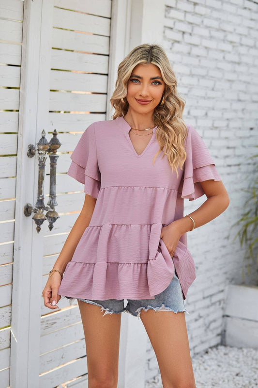 V-neck double-sleeved solid color loose shirt