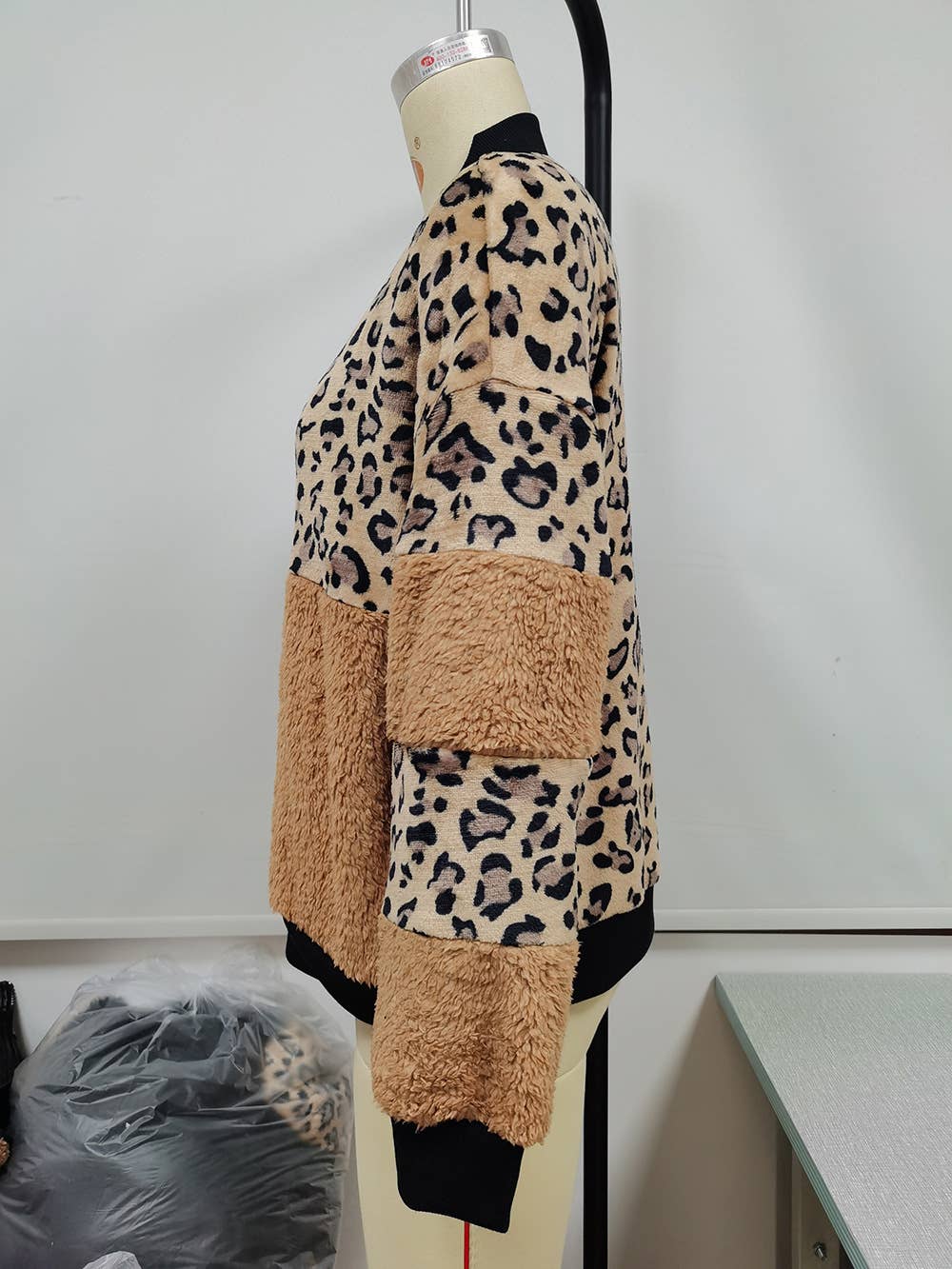 LEOPARD PRINT PATCHWORK PLUSH ZIPPER FUR COAT