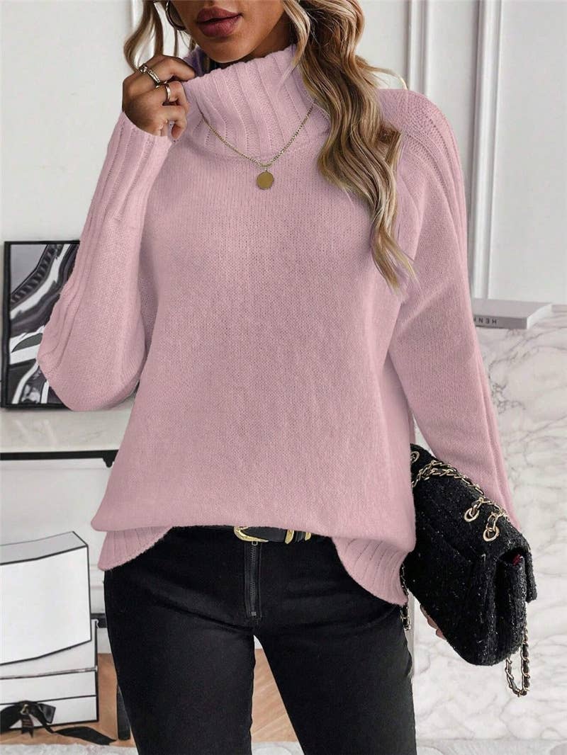 Solid-colored high-neck long-sleeved sweater