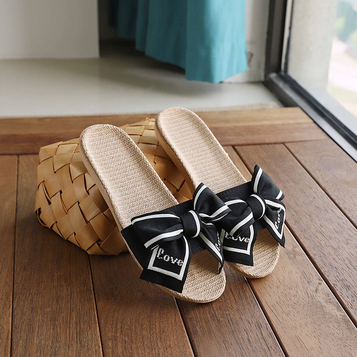 Linen Bow Slippers with Soft Anti-Slip Sole