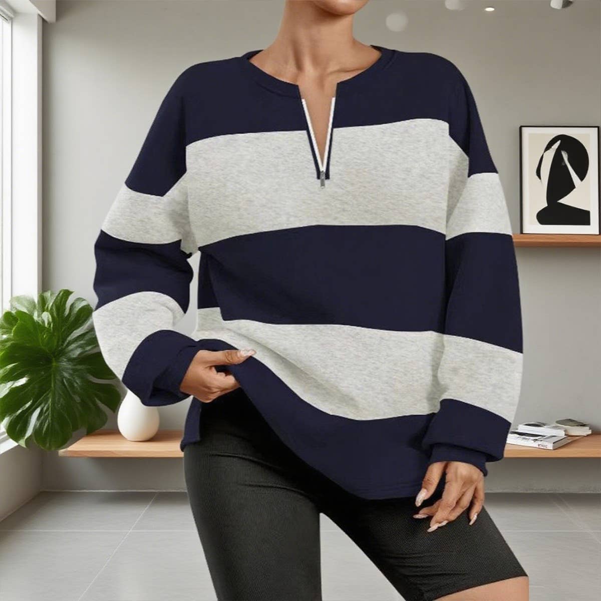 V-neck zipper striped long-sleeved loose T-shirt