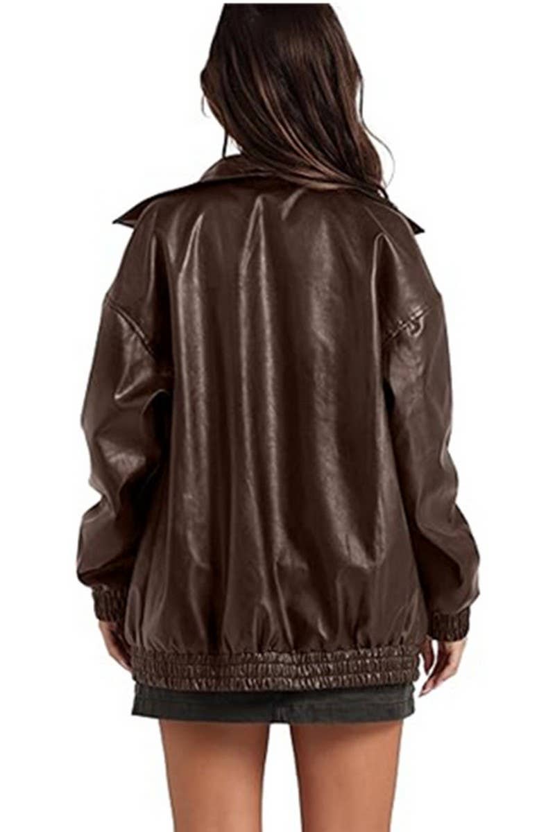 CWOCO1150_LAPEL ZIPPER SIDE POCKET PU LEATHER JACKET