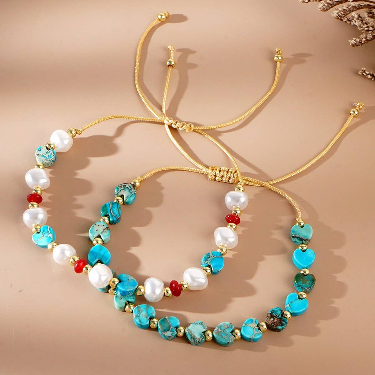 SEMI-PRECIOUS STONE IMITATION PEARL HEART BRACELET