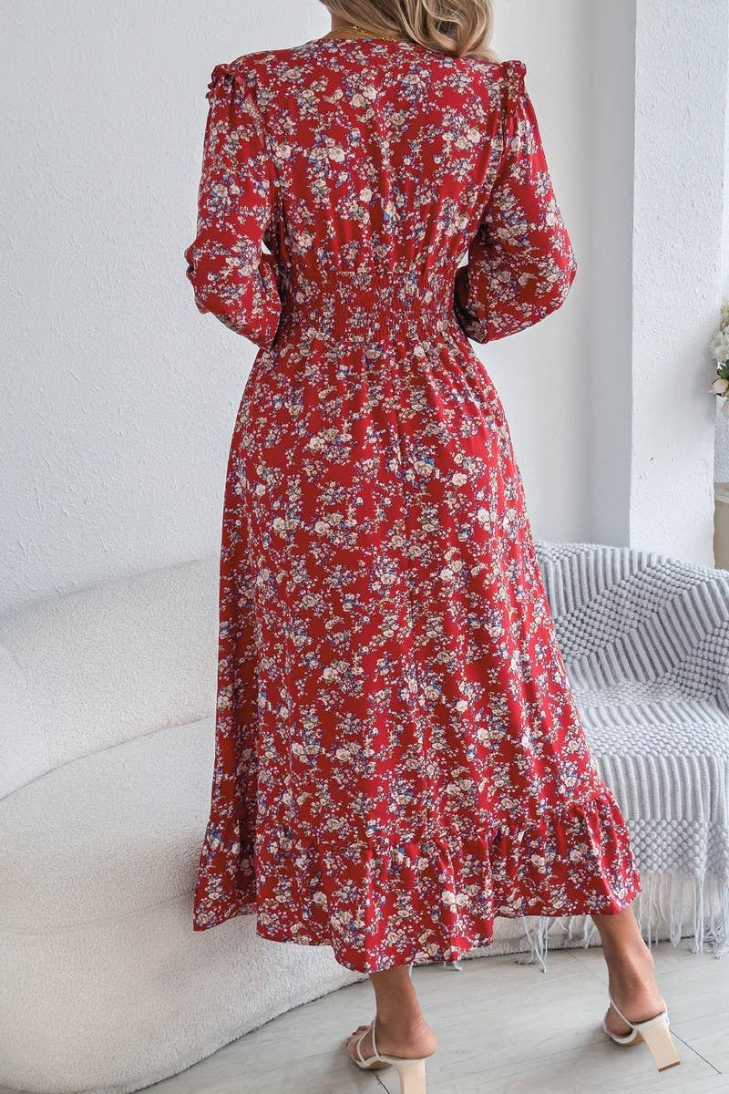 CWDMD6026_FLORAL WRAP V-NECK RUFFLE TRIM WAIST MAXI DRESS