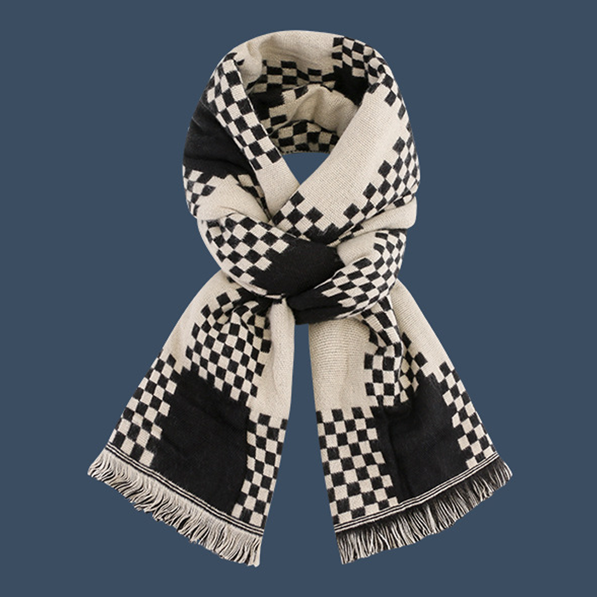 WOMEN KNITTED COLOR MATCHING CHECKERED SCARF