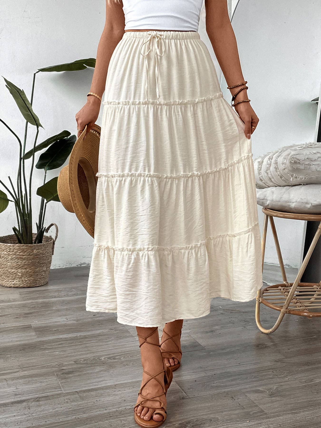 Solid color high waist A-line flared maxi skirt