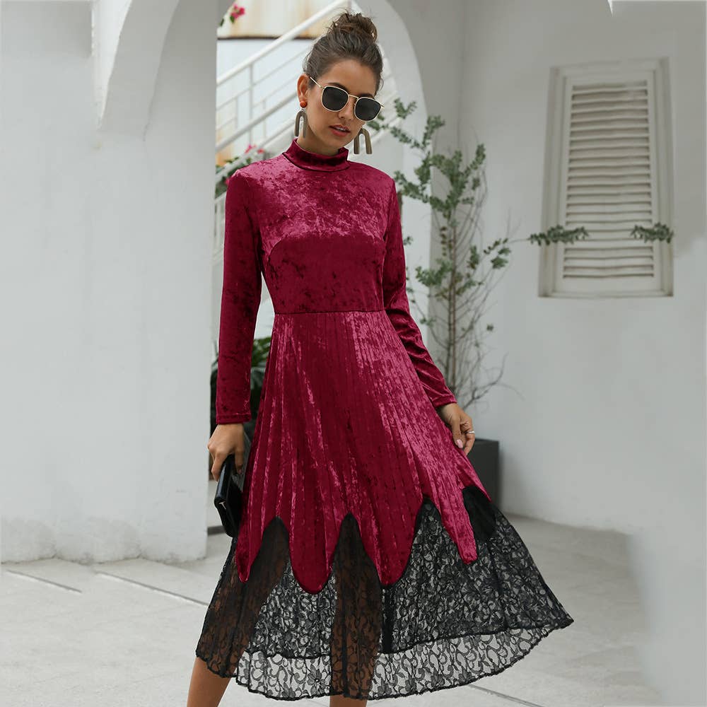 PLEATED LACE PATCHWORK CANARY LONG-SLEEVED DRESS