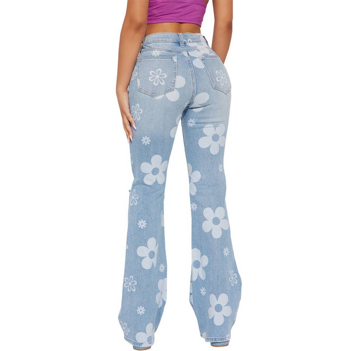 FLOWER PRINTED DENIM SLIM FLARED PANTS_CWJP0091