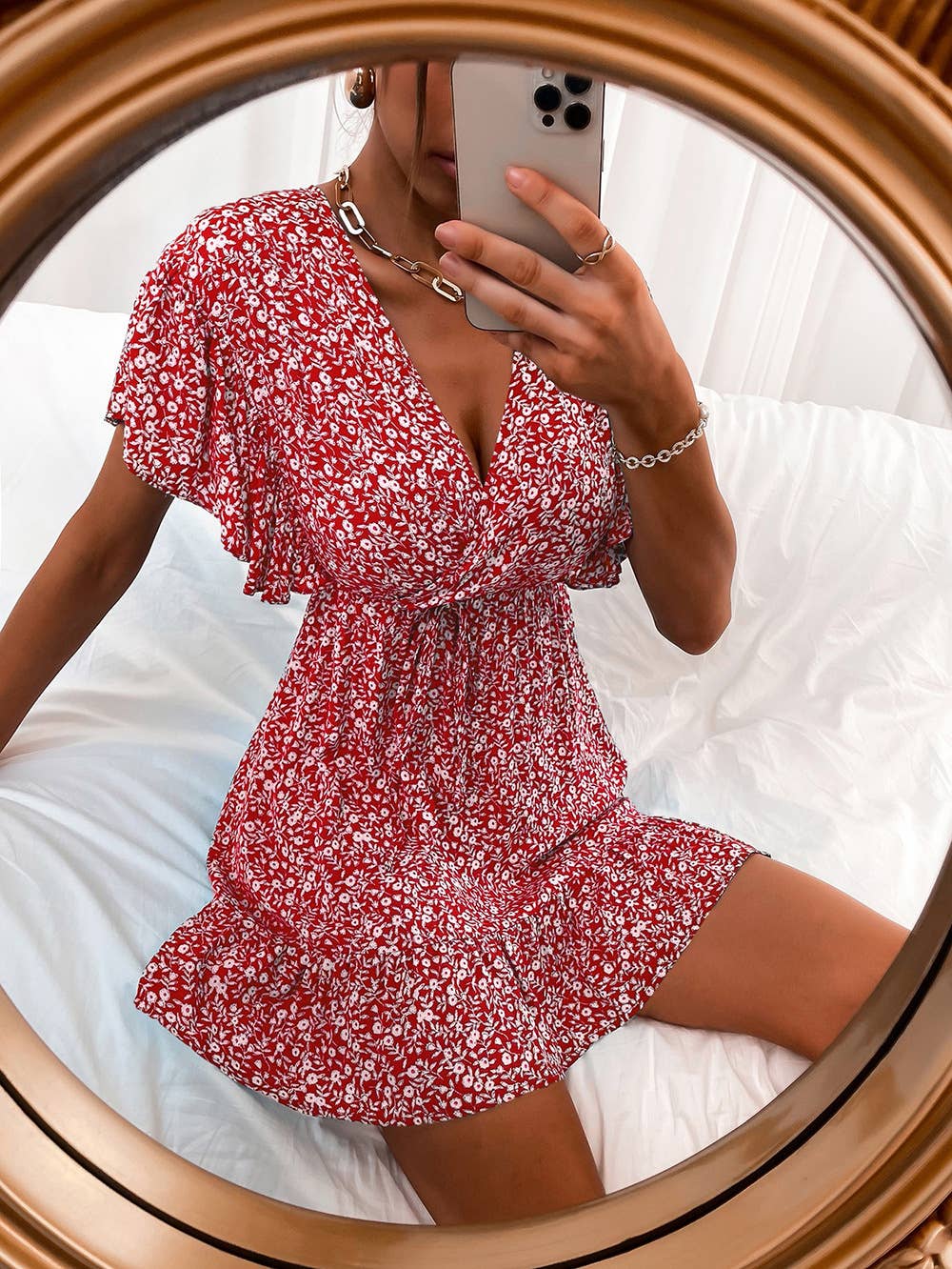 PINCHED WAIST FLORAL V-NECK CHIFFON BEACH DRESS