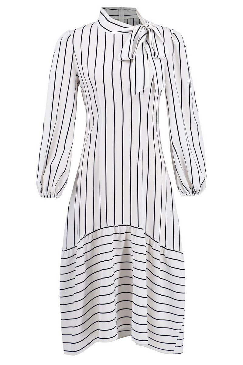 CWDMD4000_LONGSLEEVED STAND-UP COLLAR PINSTRIPED WORK DRESS