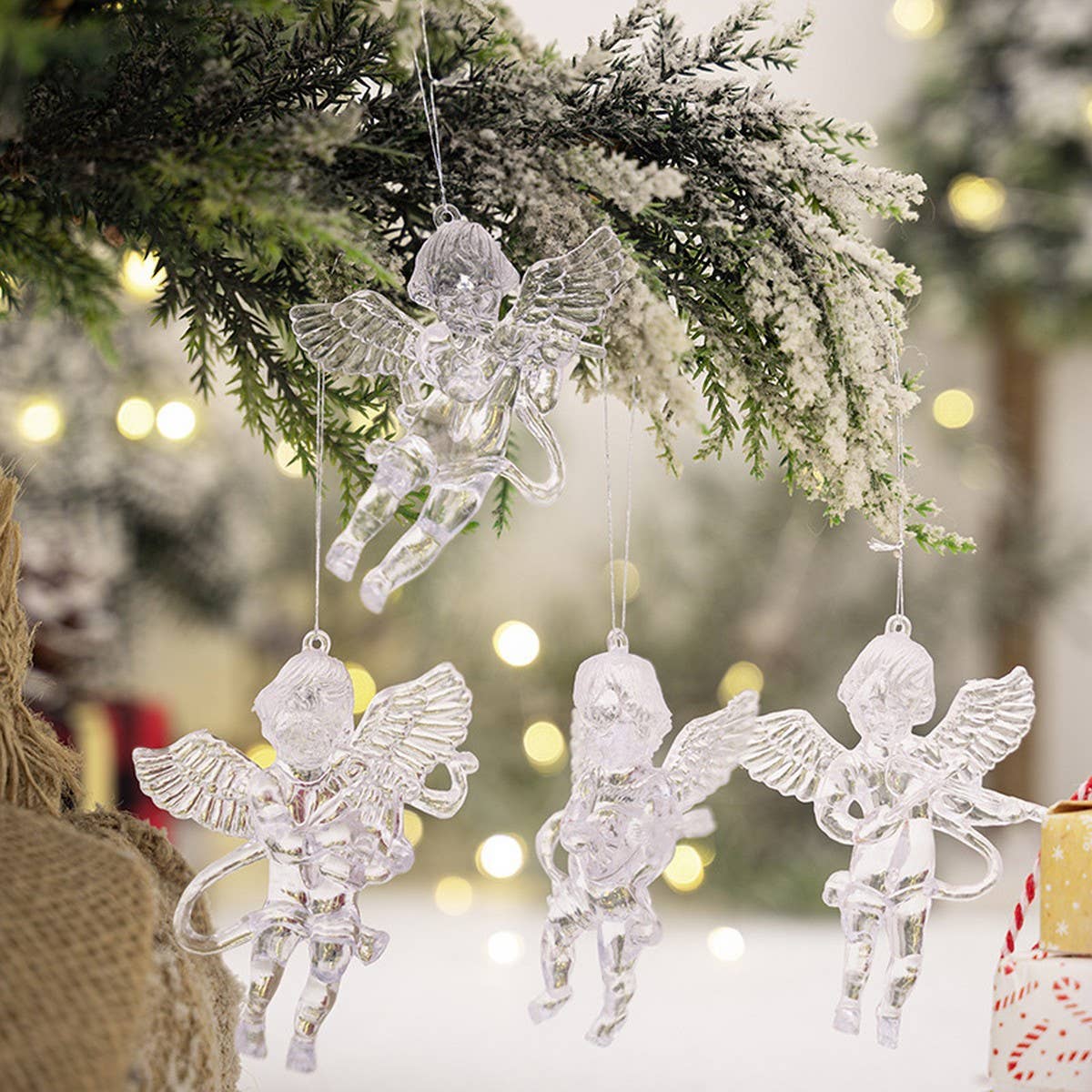 CWMM10185_4PCS CLEAR ACRYLIC ANGEL AND ICICLE XMAS ORNAMENTS