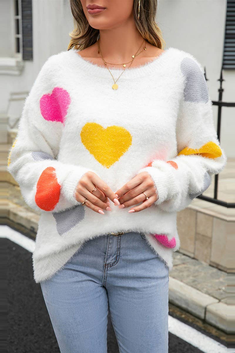 WOMEN ROUND NECK LOVE PATTERNED SOFT SWEATER_CWOSWL1446