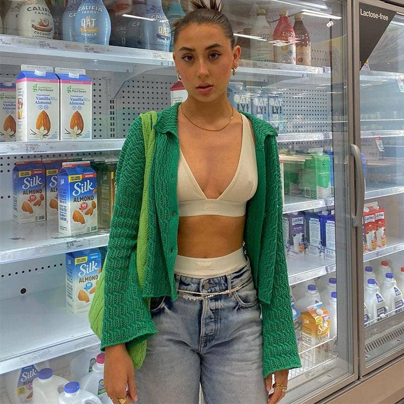 LAPEL HOLLOWED OUT SOLID COLOR BUTTON CARDIGAN