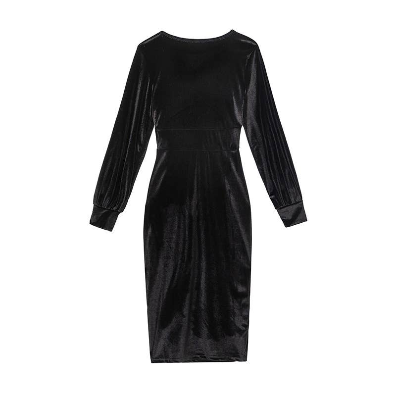 V-NECK FANNY PACK HIP LONG SLEEVE VELVET DRESS
