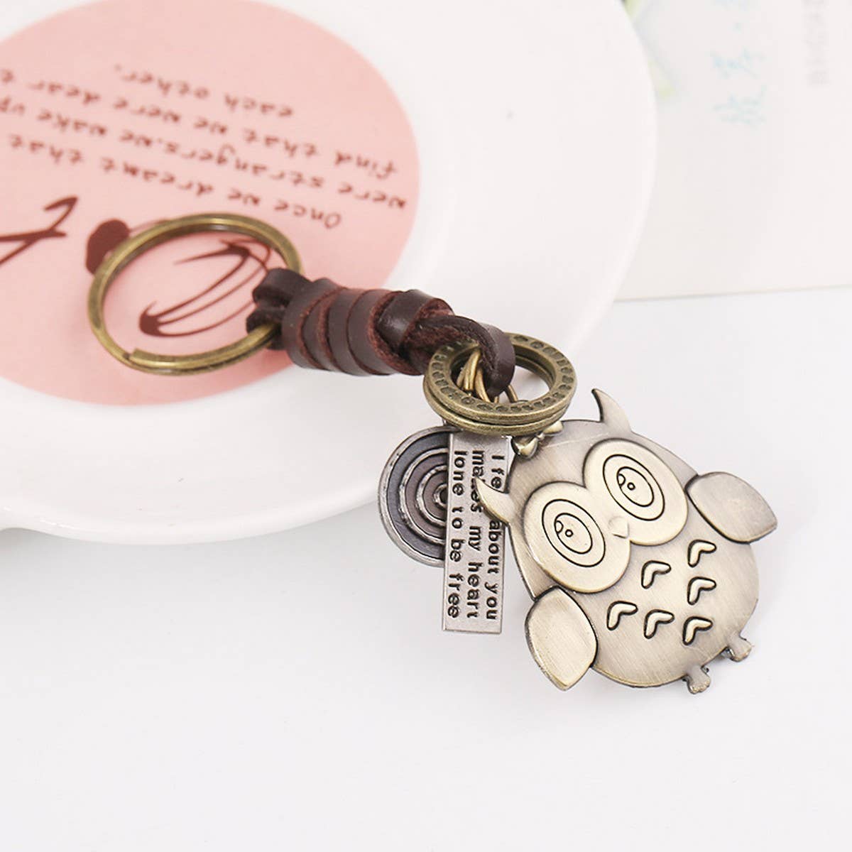 VINTAGE BRONZE OWL BRAIDED COWHIDE KEYCHAIN