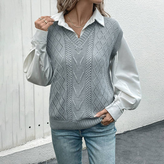 TWISTED FLOWER V-NECK SOLID COLOR SWEATER VEST