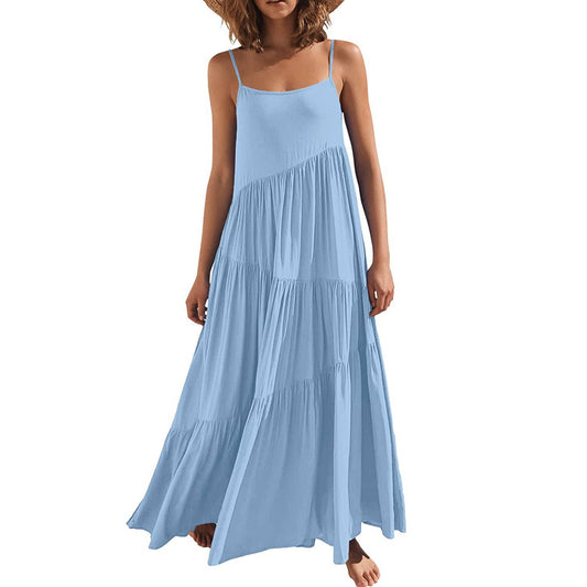 Pleated loose solid-color long beach halter dress