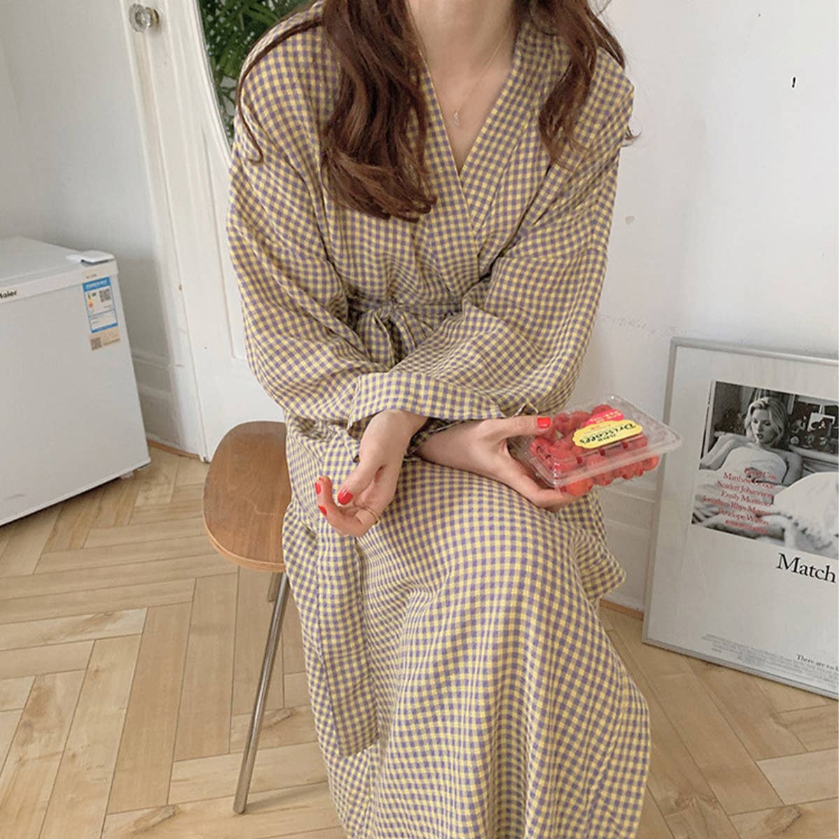 Long front-opening laced home gown gown