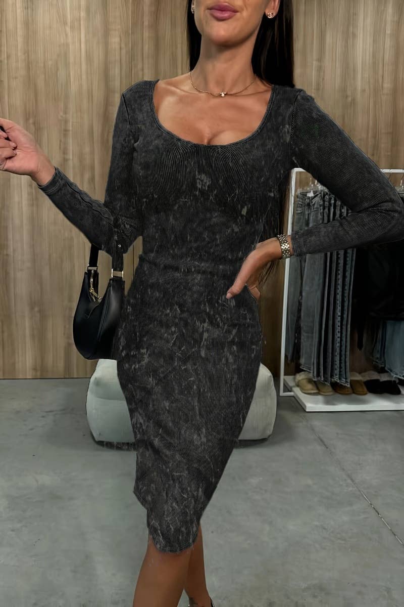 CWDSD6032_SOLID COLOR LONG SLEEVE V-NECK SLIM-FIT DRESS