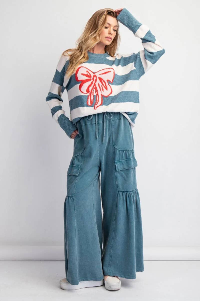 Round-neck,two-color long-sleeved bow sweater