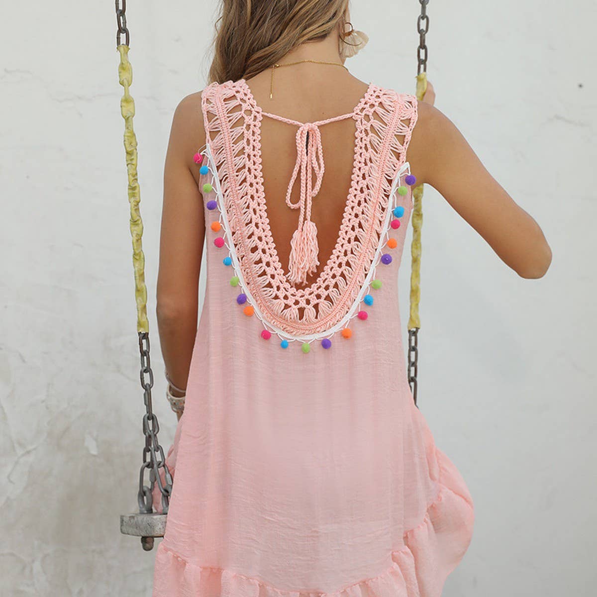 SLEEVELESS FRINGE BEACH SWIMSUIT COVER-UP_CWASC2380