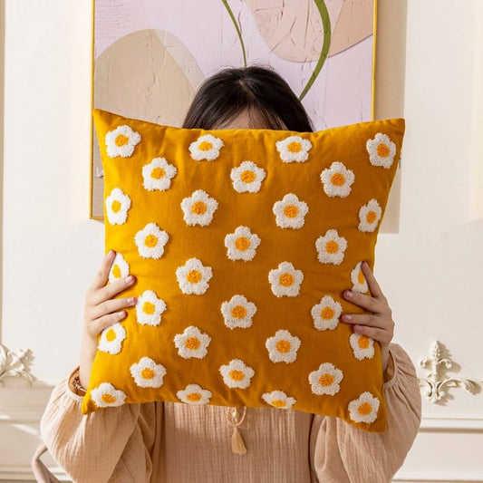 Daisy Floral Tufted Pillow Cover Cottage Chic Decor