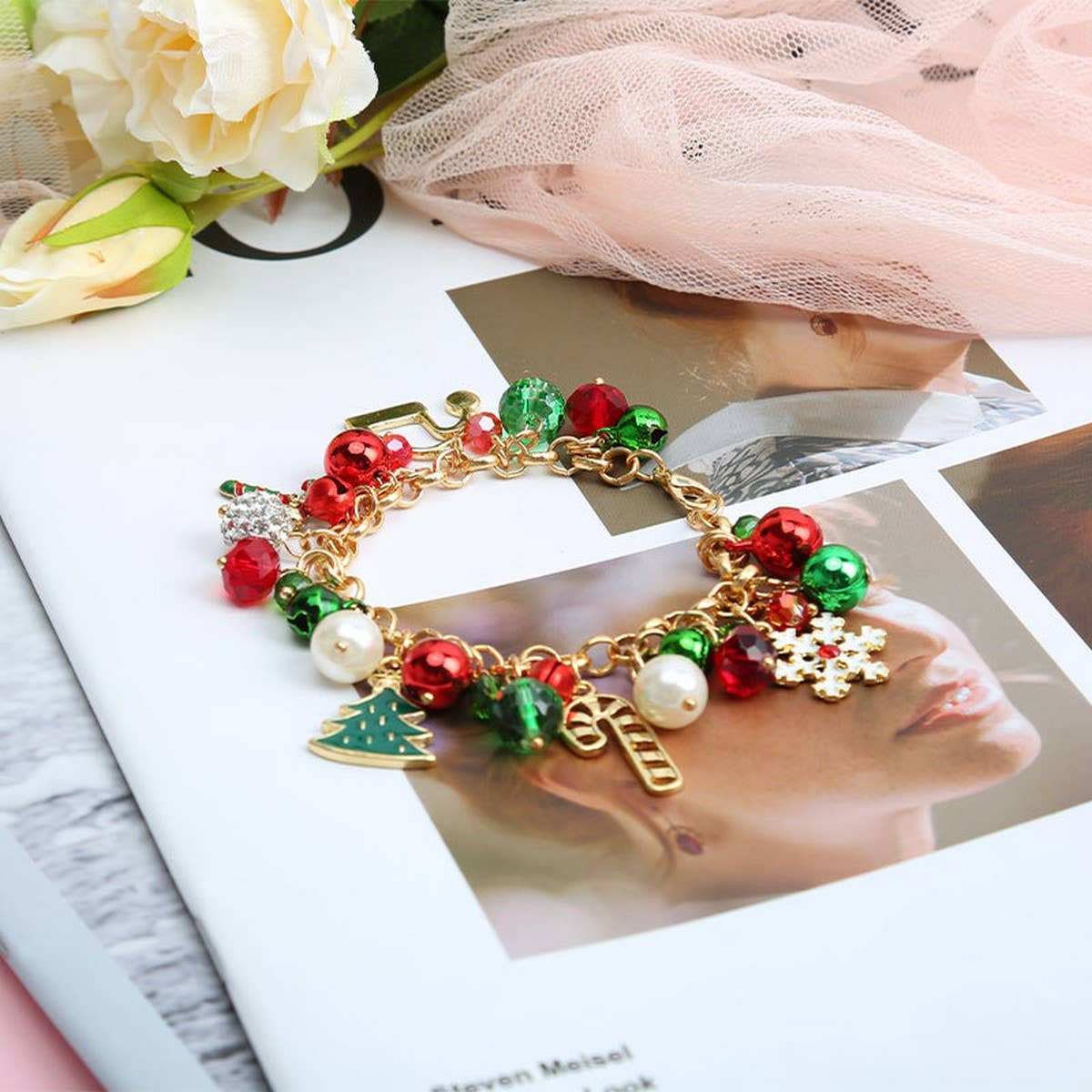 CHRISTMAS JEWELRY PEARL BELL DIAMOND BALL BRACELET