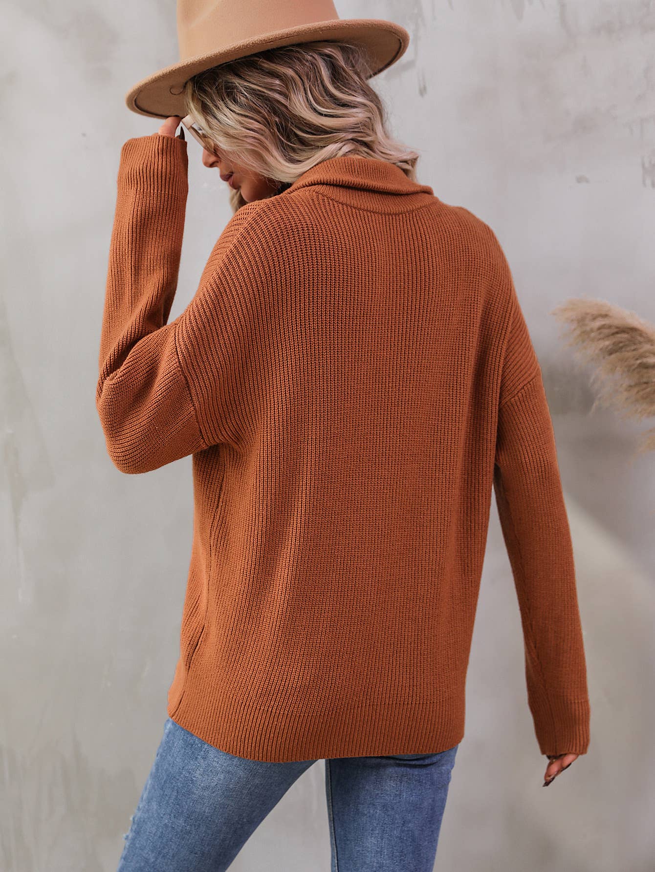 Knit turtleneck solid color zip-up sweater jacket