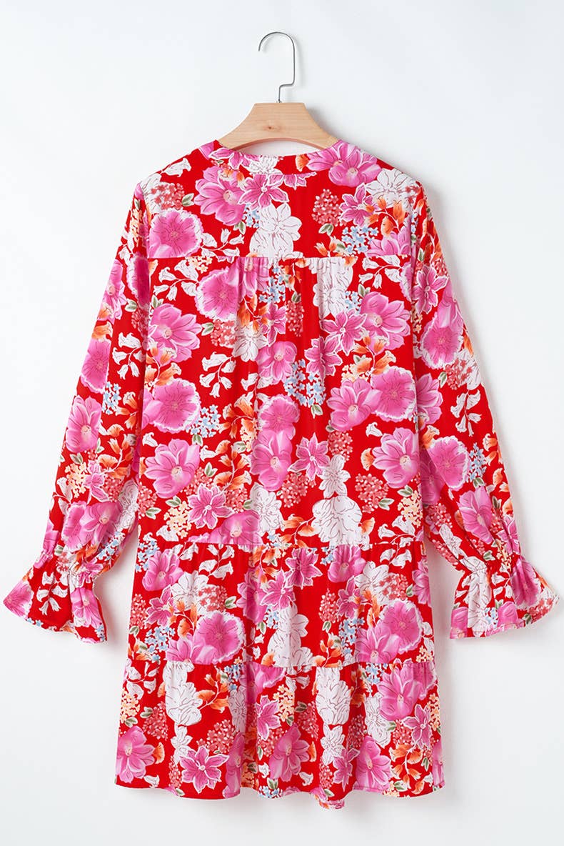 HOLIDAY HIGH-WAISTED FLORAL PRINT V-NECK DRESS