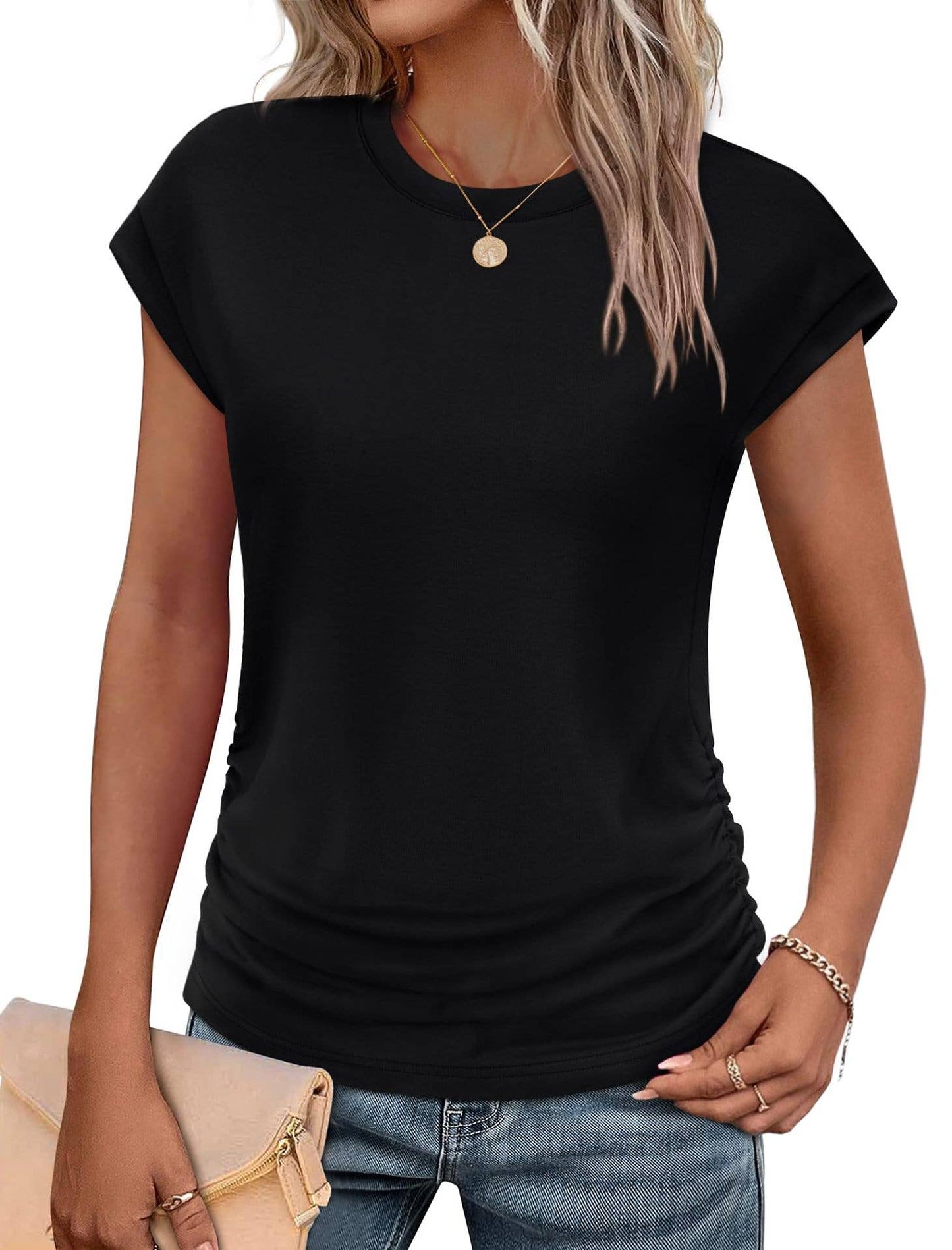 Solid color round neck waistline T-shirt