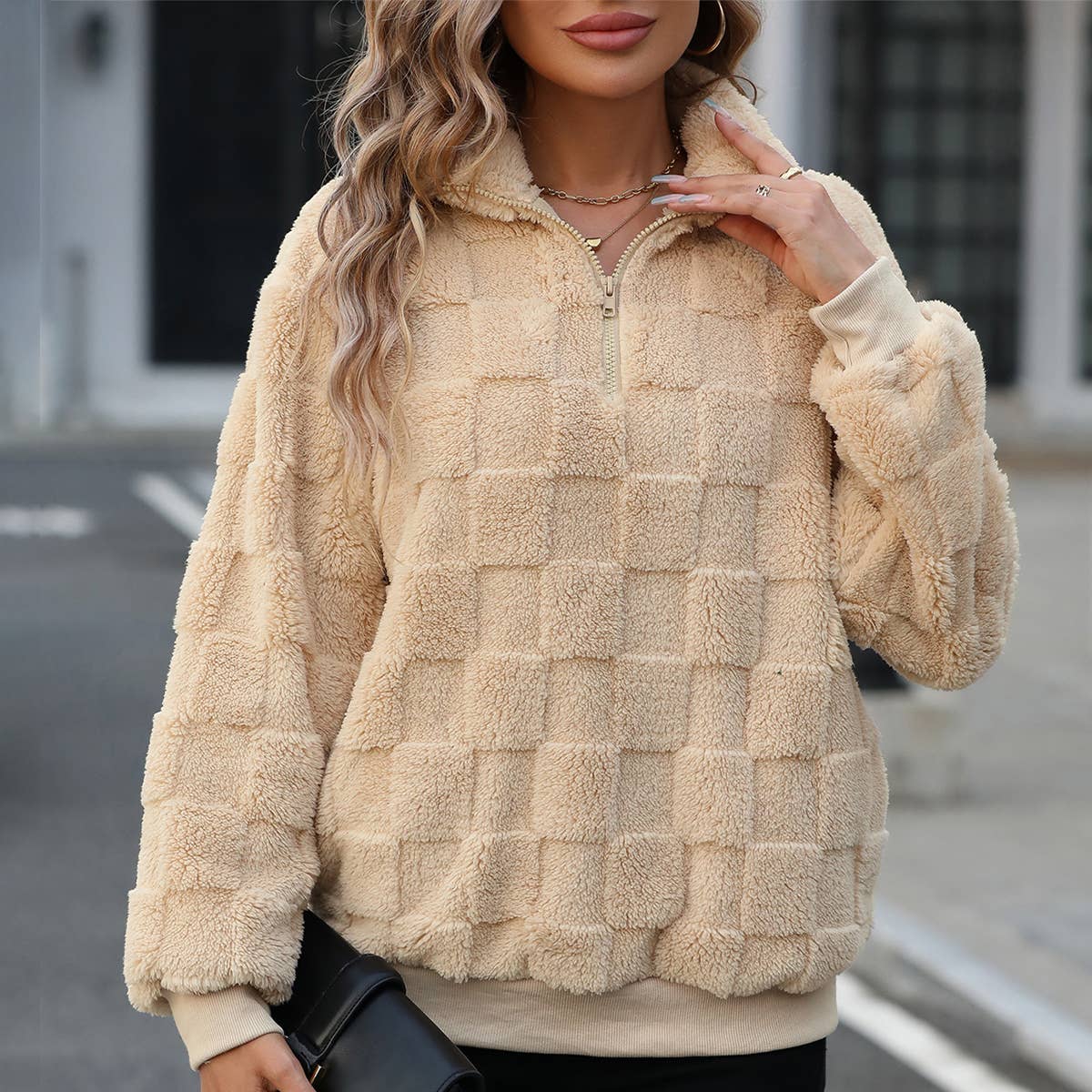 STAND COLLAR LOOSE PLAID FLEECE PULLOVER HOODIE