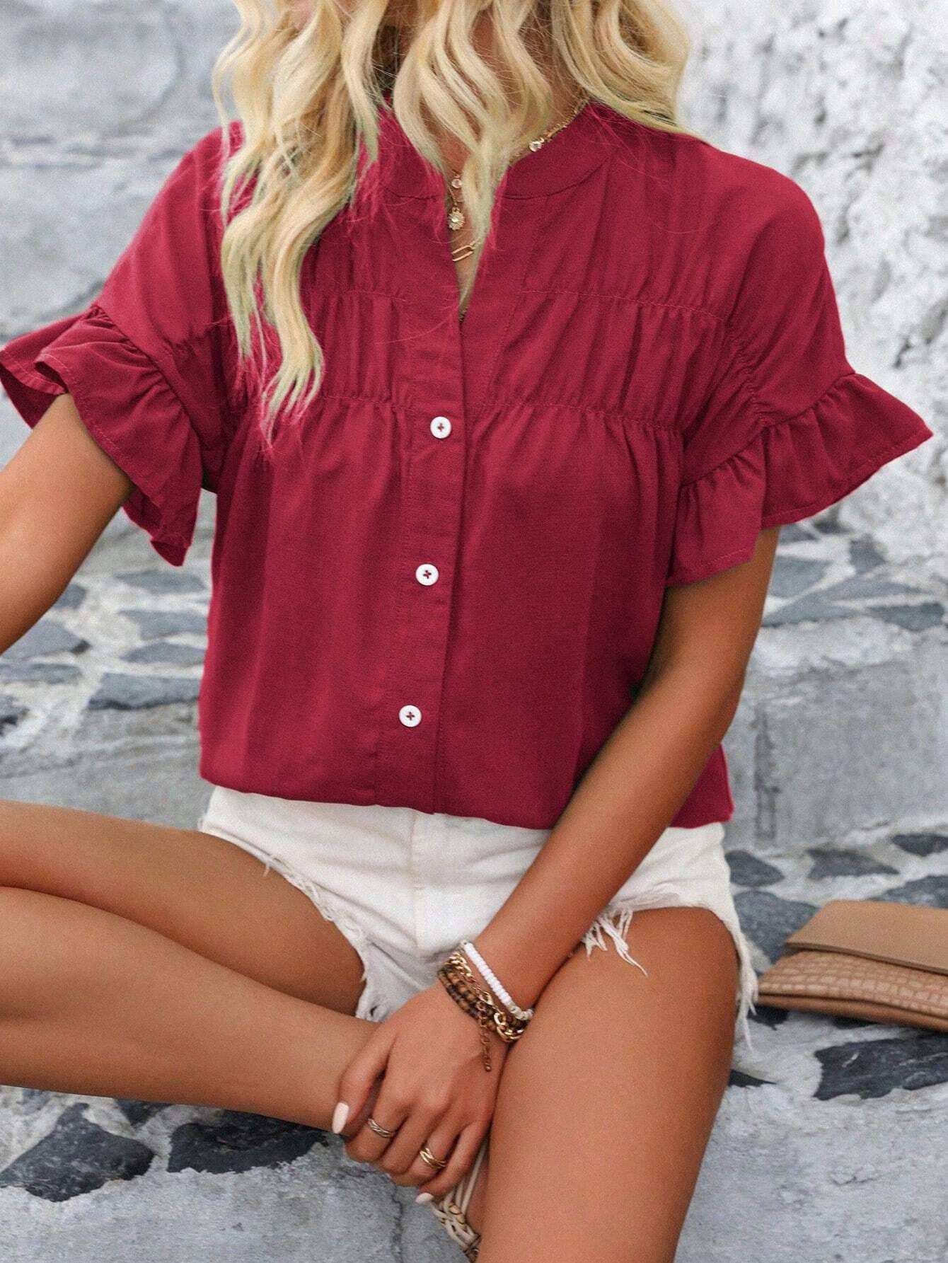 Women¡¯s casual pleated button-down linen shirt