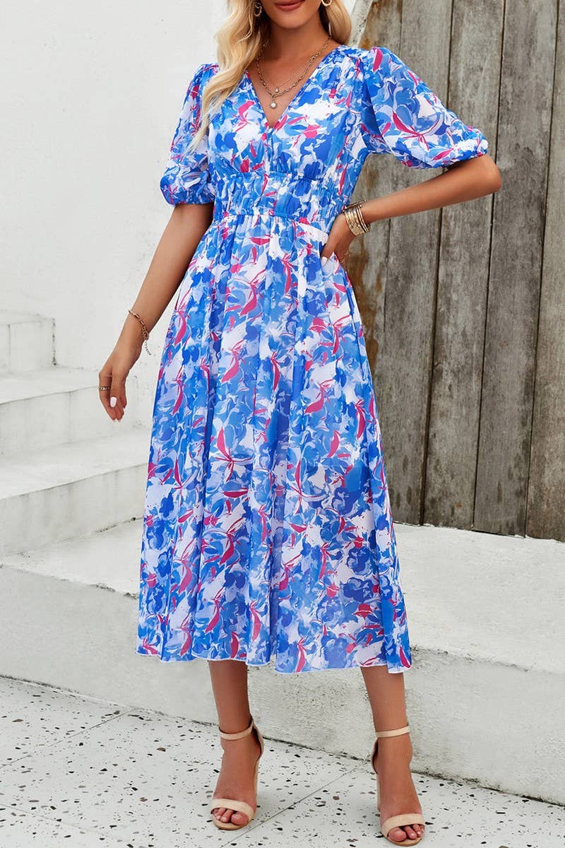 CWDMD0995_Deep V-Neck Short Sleeve Floral Print Midi Dresses