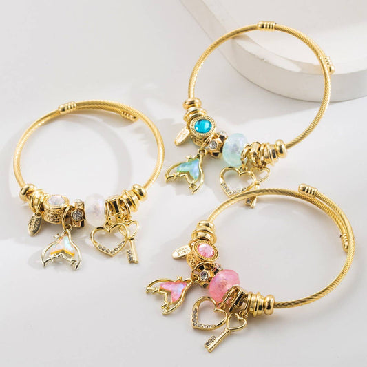 Adjustable Mermaid Tail Heart Key Couple Bracelet_CWMM8563